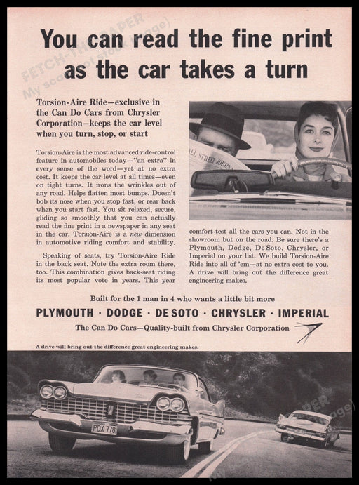 Torsion-Aire Automobile 1950s Print Advertisement Ad 1959 Fetch the Paper!