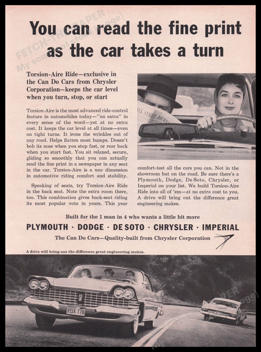 Torsion-Aire Automobile 1950s Print Advertisement Ad 1959 Fetch the Paper!