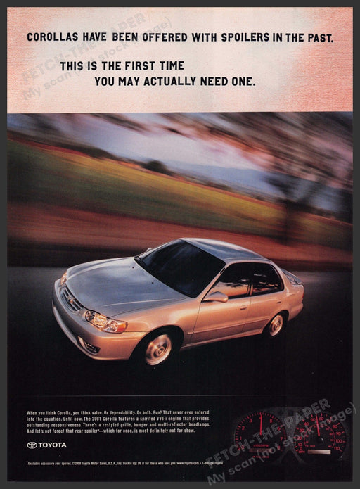 Toyota Corolla 2000s Print Advertisement 2001 "Need a spoiler" Fetch-the-Paper