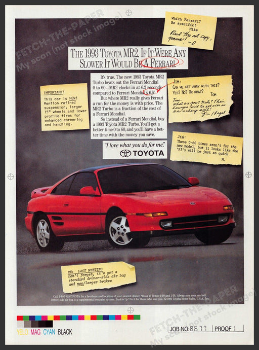 Toyota MR2 Car 1990s Print Advertisement Ad 1992 Compared to Ferrari Fetch-the-Paper