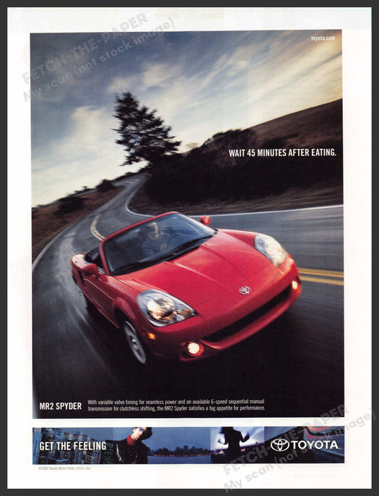 Toyota MR2 Spyder 2000s Print Advertisement 2003 "Wait 45 minutes after eating" Fetch-the-Paper