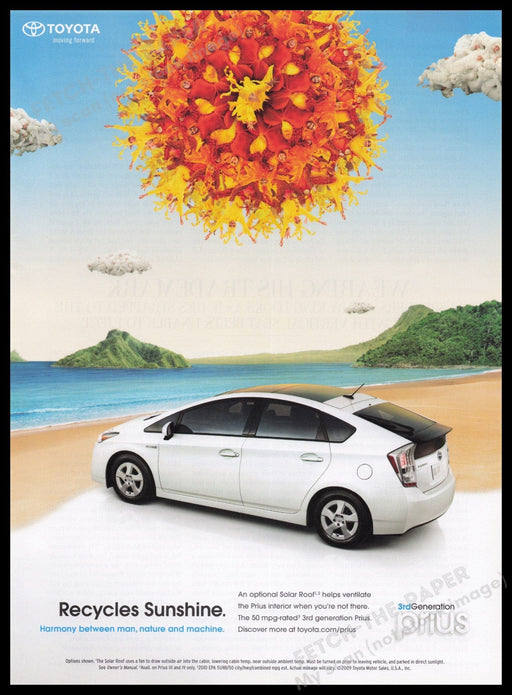 Toyota Prius Car 2000s Print Advertisement Ad 2009 "Recycles Sunshine" Fetch the Paper!