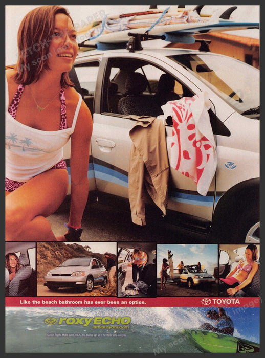 Toyota Roxy Echo Surfer Girl Car 2000s Print Advertisement Ad 2001 Fetch-the-Paper