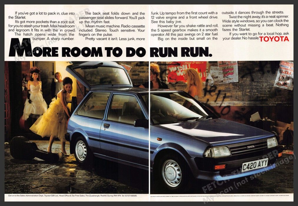 Toyota Starlet 1980s U.K. Print Advertisement (2 pgs) "More room to do run run" Toyota
