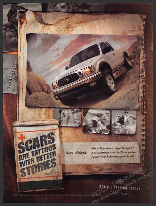 Toyota Tacoma 2000s Print Ad 2002 "Scars are tattoos with better stories" Fetch-the-Paper