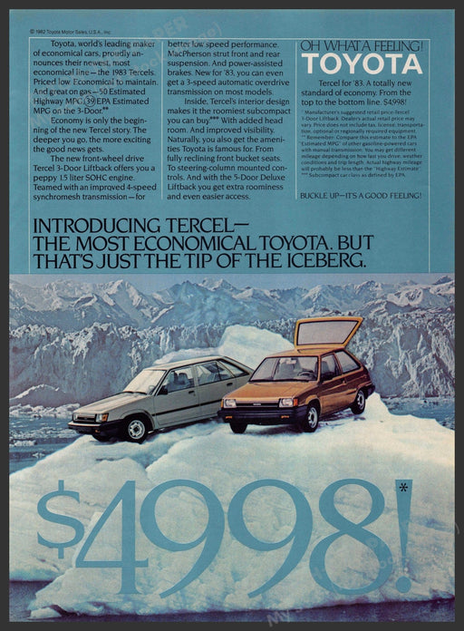 Toyota Tercel 1980s Print Advertisement 1983 "Just the tip of the iceberg" Fetch-the-Paper