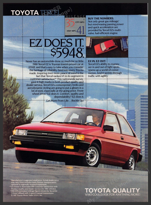 Toyota Tercel EZ 1980s Print Advertisement 1987 "EZ does it" Toyota Tercel