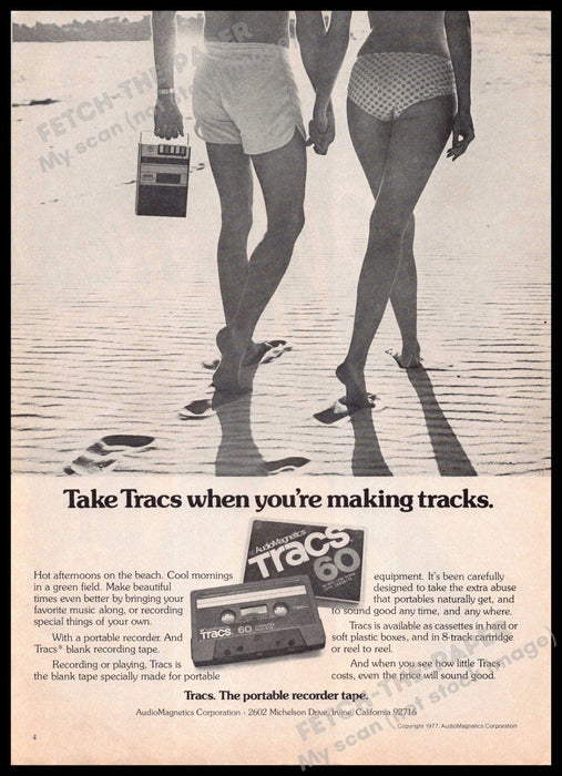 Tracs 1970s Print Advertisement 1977 Cassette Couple Legs Walking Beach Sand Tracs