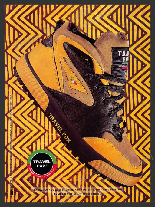 Travel Fox Shoe Sneaker 1990s Print Advertisement 1993 Tribal Cool Fetch-the-Paper