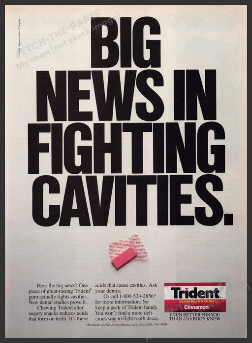Trident 1980s Print Advertisement 1986 Cinnamon "Big news in fighting cavities" Trident