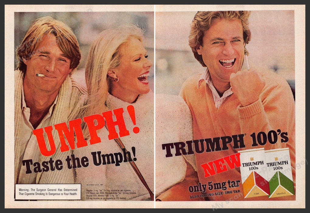 Triumph 100's Cigarettes 1980s Print Advertisement (2 pages) 1981 "Yes!" Fetch-the-Paper