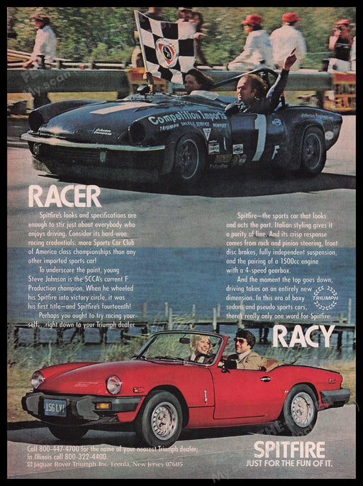Triumph Spitfire Car 1980s Print Advertisement Ad 1980 Racer & Racy Fetch the Paper!