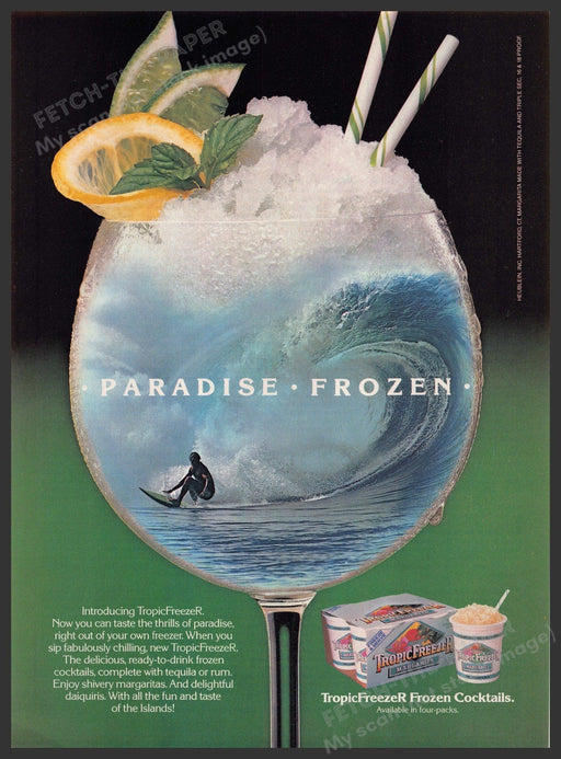 TropicFreeze Cocktails 1980s Print Advertisement 1987 Surfer "Paradise Frozen" TropicFreeze