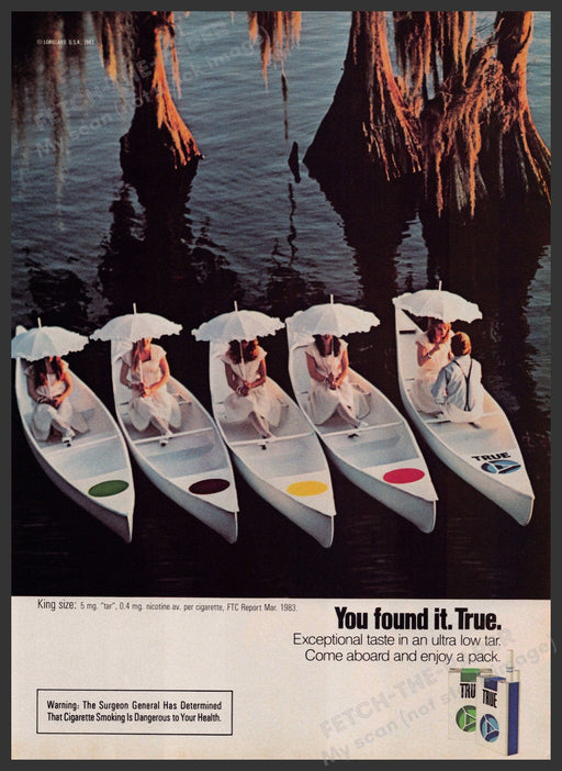 True Cigarettes 1980s Print Advertisement 1983 Canoes Girls Sun Umbrellas Fetch-the-Paper