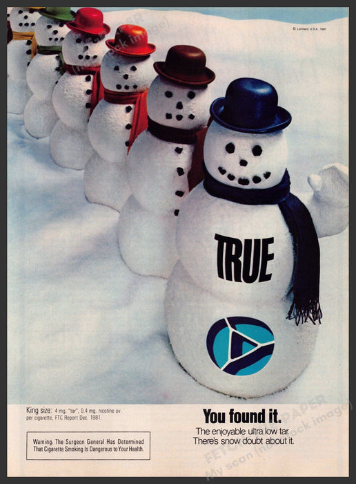 True Cigarettes 1980s Print Advertisement 1983 Row of Snowmen Fetch-the-Paper