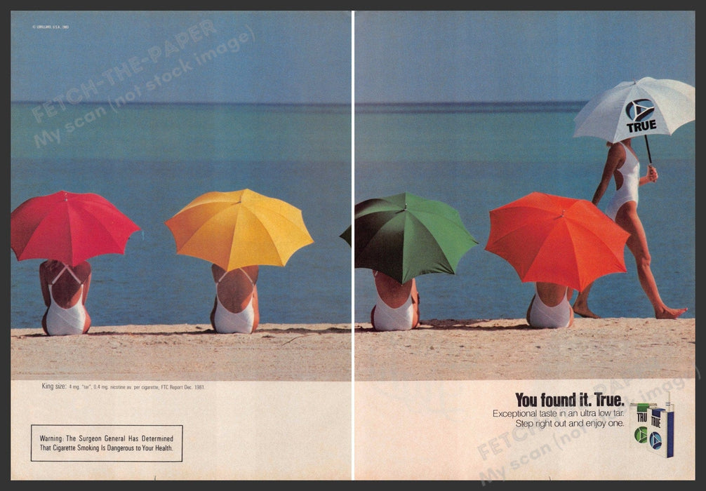 True Cigarettes 1980s Print Advertisement (2 page Centerfold) 1983 Girls Legs Fetch-the-Paper