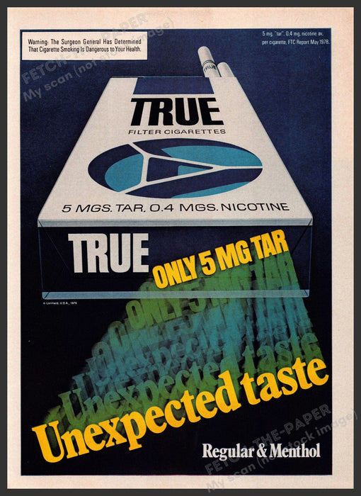 True Filter Cigarettes 1970s Print Advertisement 1979 "Unexpected taste" Fetch-the-Paper