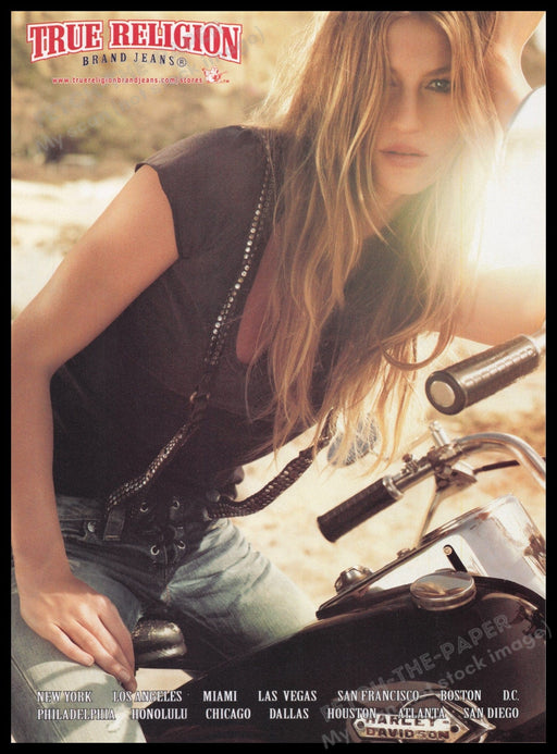 True Religion Jeans 2000s Print Advertisement Ad 2009 Gisele Bundchen Motorcycle Fetch the Paper!