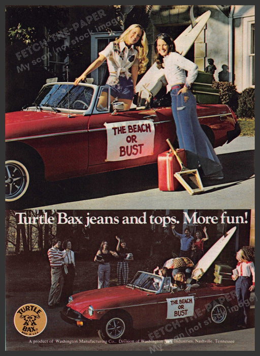 Turtle Bax Jeans & Tops 1970s Print Advertisement 1977 Teems Surfboard Car Turtle Bax