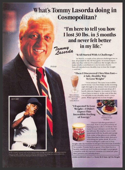 Ultra Slim Fast 1980s Magazine Print Advertisement 1989 Tommy Lasorda Ultra Slim Fast