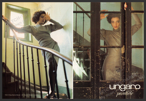 Ungaro Parallele Fashion 1980s U.K. Print Advertisement (2 pgs) 1986 Legs Stairs Ungaro