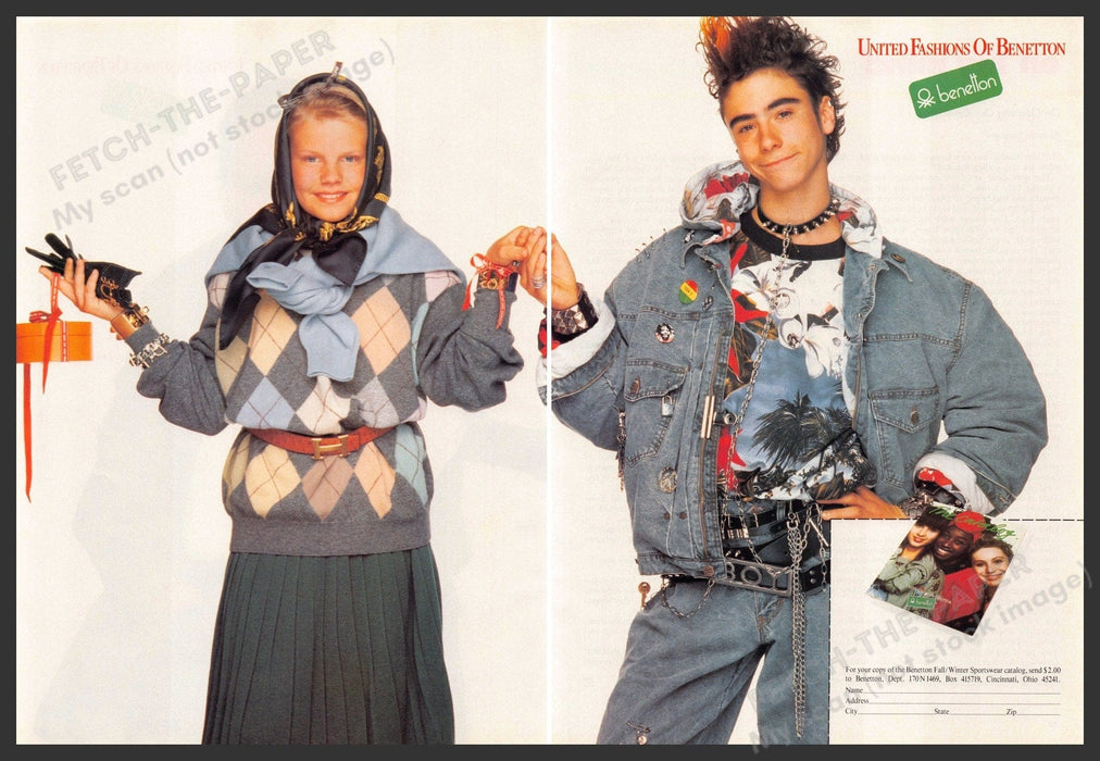 United Fashions of Benetton 1980s Print Advertisement Ad (2 pgs) 1987 Teens Jean Fetch-the-Paper