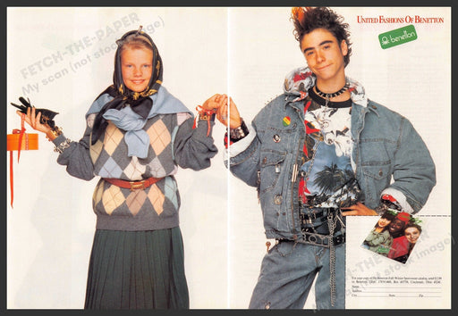 United Fashions of Benetton 1980s Print Advertisement Ad (2 pgs) 1987 Teens Jean Fetch-the-Paper