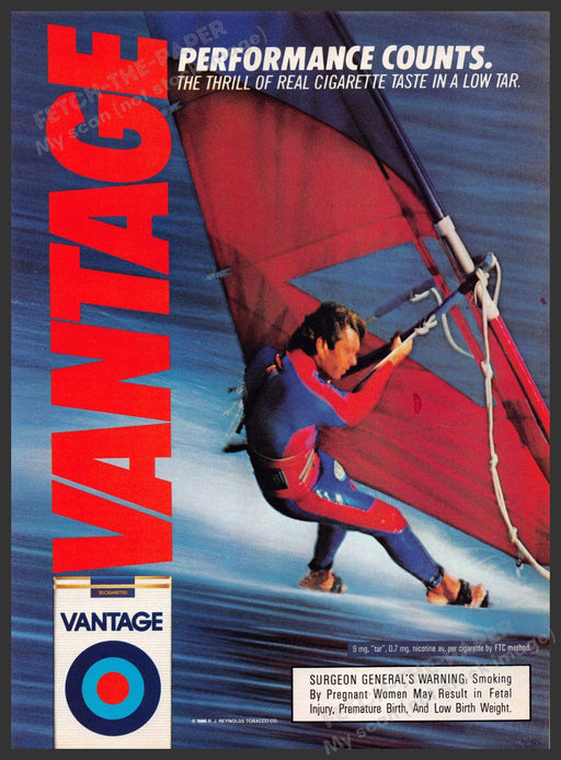 Vantage 1980s Print Advertisement 1986 Cigarettes Windsurfing Guy Water Vantage