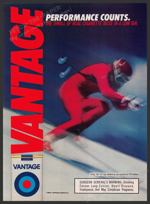 Vantage Cigarettes 1980s Print Advertisement 1986 Downhill Skier Fetch-the-Paper