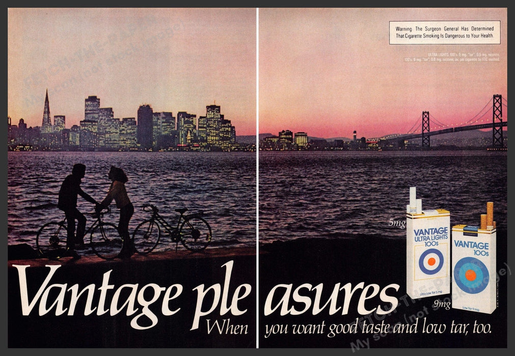 Vantage Ultra 1980s Print Ad (2 pgs) 1981 San Francisco Oakland Bay Bridge Fetch-the-Paper