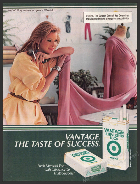 Vantage Ultra Lights 100s 1980s Print Advertisement Ad 1983 Seamstress Vantage Ultra Lights 100s