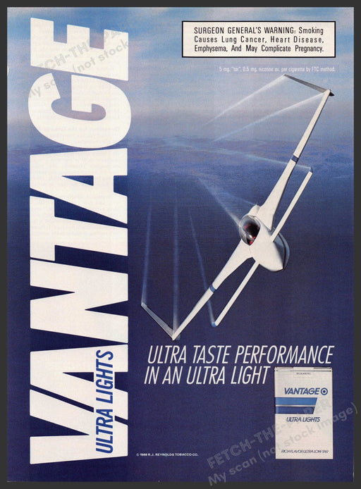 Vantage Ultra Lights 1980s Print Advertisement 1989 Cigarettes Plane Glider Vantage Ultra Lights