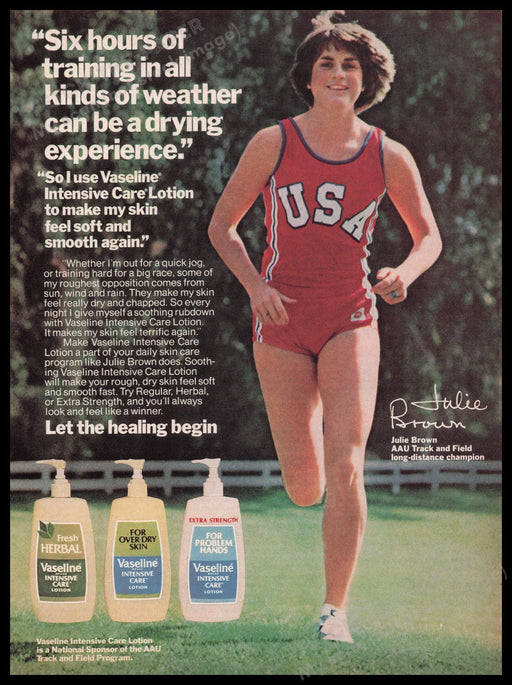 Vaseline 1980s Print Advertisement Ad 1980 Julie Brown Track & Field Fetch the Paper!
