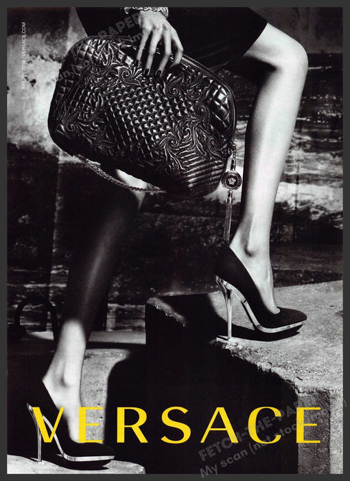 Versace Fashion 2010s Print Advertisement 2012 Legs Handbag Shoe Stair Grayscale Fetch-the-Paper