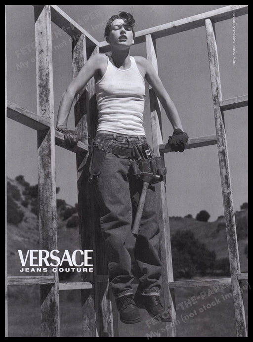 Versace Jeans Couture 1990s Print Advertisement Ad 1998 Carpenter Female Model Fetch the Paper!