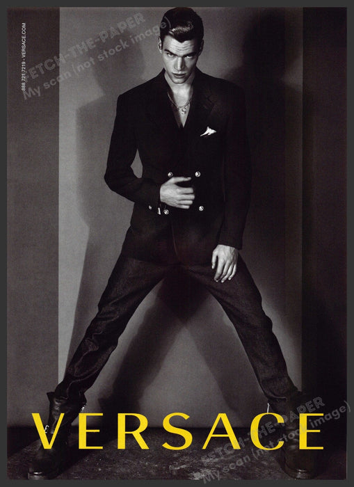 Versace Men's 2010s Print Advertisement 2012 Model Wide Stance Grayscale Fetch-the-Paper