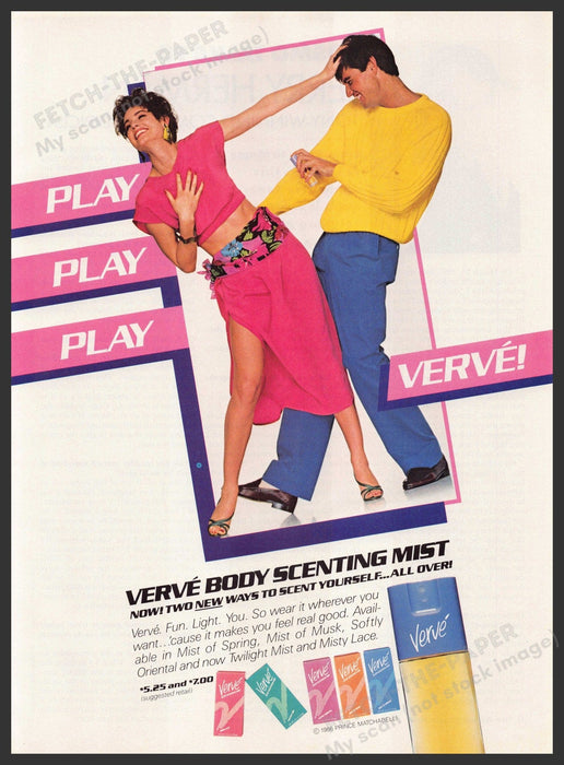 Verve Body Scenting Mist 1980s Print Advertisement 1987 Legs Playful Couple Fetch-the-Paper