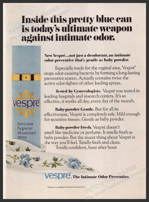 Vespre Feminine Hygiene Deodorant Spray 1960s Print Advertisement Ad 1969 Fetch the Paper!