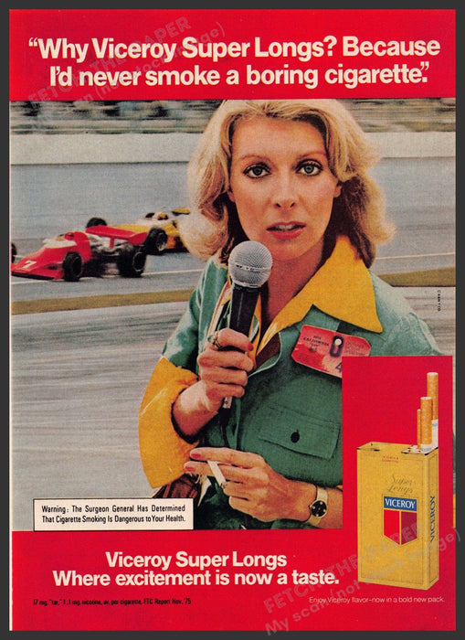 Viceroy Super Longs 1970s Print Advertisement 1976 Cigarettes Race Car Reporter Fetch-the-Paper