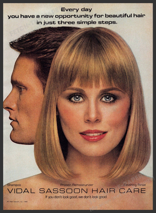Vidal Sassoon 1980s Print Advertisement 1981 Blonde Bob Cut Fetch-the-Paper