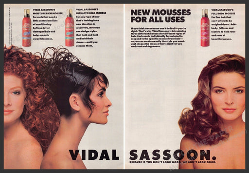 Vidal Sassoon 1980s Print Advertisement (2 pages) 1987 Big Hair Mousses Ad Vidal Sassoon