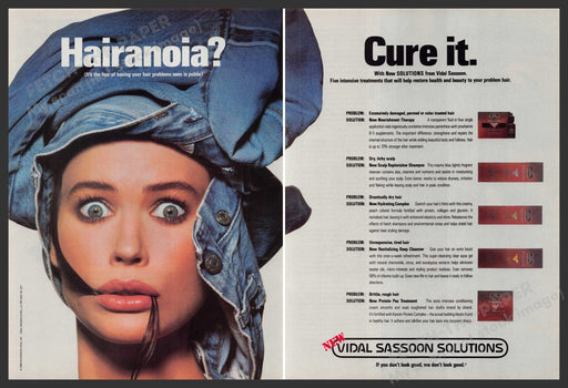 Vidal Sassoon Hair 1980s Print Advertisement (2 Page) Ad 1988 "Hairanoia?" Fetch-the-Paper