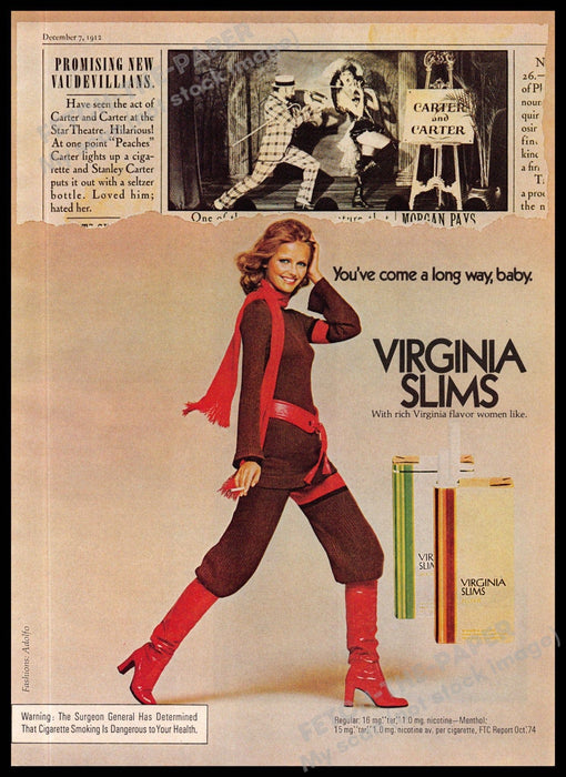 Virginia Slims 1970s Magazine Print Ad 1975 Legs "Promising new vaudevillians" Virginia Slims