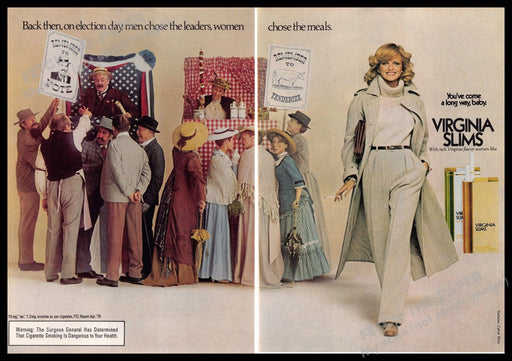 Virginia Slims 1970s Print Ad (2 page) 1976 Women on Election Day Virginia Slims