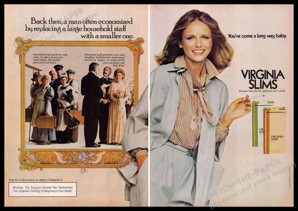 Virginia Slims 1970s Print Ad (2 pages) 1977 Cheryl Tiegs Wife Maid Virginia Slims
