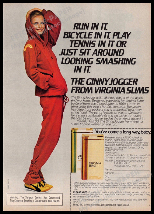 Virginia Slims 1970s Print Advertisement 1977 The Ginny Jogger Offer Virginia Slims