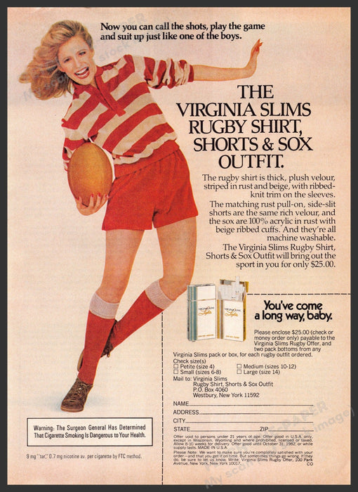 Virginia Slims 1980s Print Advertisement 1982 Legs Rugby Outfit Fetch-the-Paper