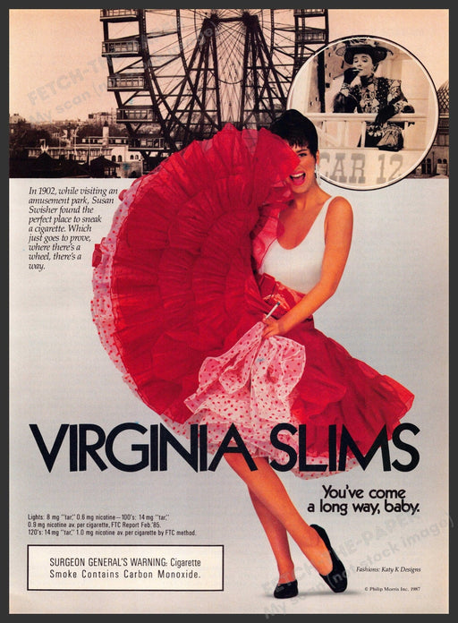 Virginia Slims 1980s Print Advertisement 1987 Ferris Wheel Legs Girl Flip Skirt Virginia Slims