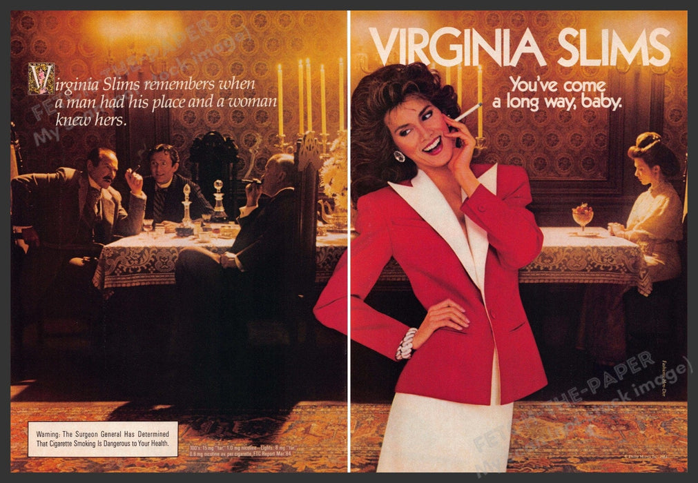 Virginia Slims 1980s Print Advertisement (2 pages) 1984 Woman Dining Alone Virginia Slims