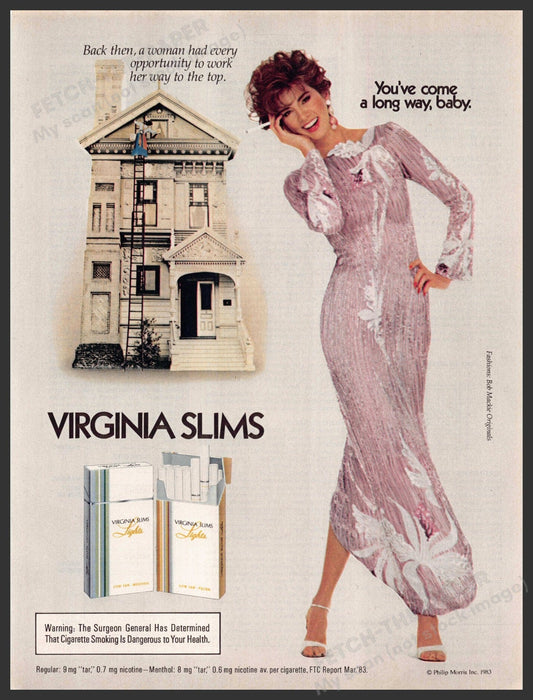 Virginia Slims 1980s Print Advertisement Ad 1983 "Work her way up to the top" Virginia Slims